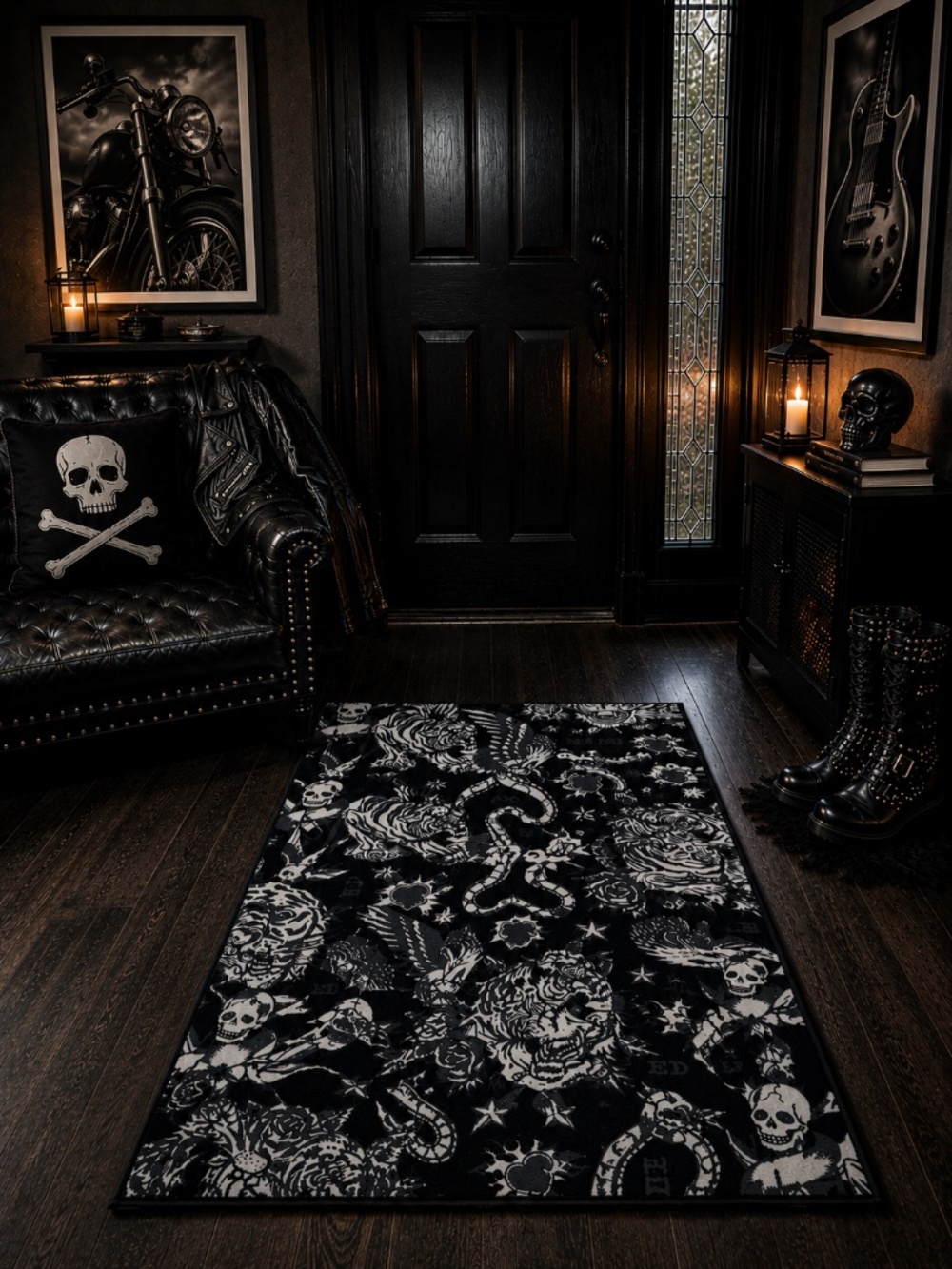 Ed Hardy Tattoo Accent Rug 27x45 Skull Tiger Snake Black White Washable NWT